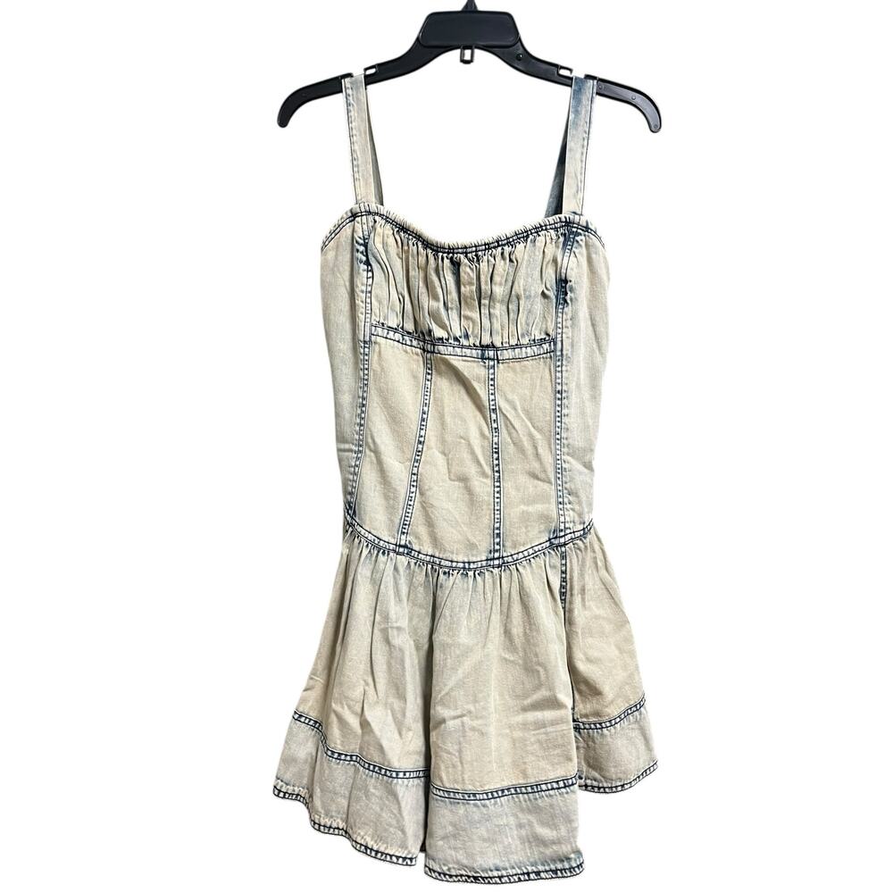 Anthropologie Pilcro Denim Drop-Waist Romper | Womens S, Bleach Wash Blue NEW - Picture 6 of 14